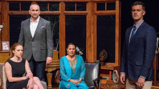 4 actors in living room on Margin of Error set