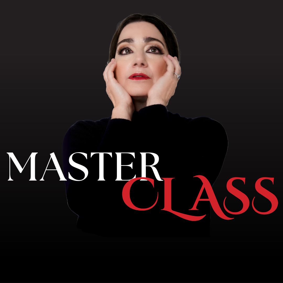 A woman gazing into the distance with her hands near her face on a black background, featuring the text overlay “Master Class.”
