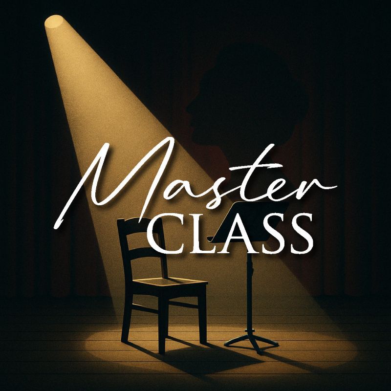 A logo for Master Class with a spotlight shinning on a chair and music stand