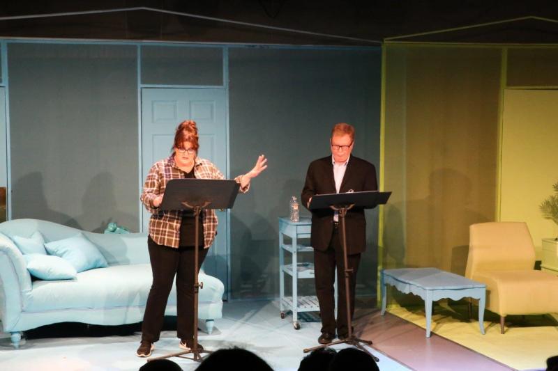 Woman in brown checked shirt in front of blue sofa and man in brown suit in front of blue table.