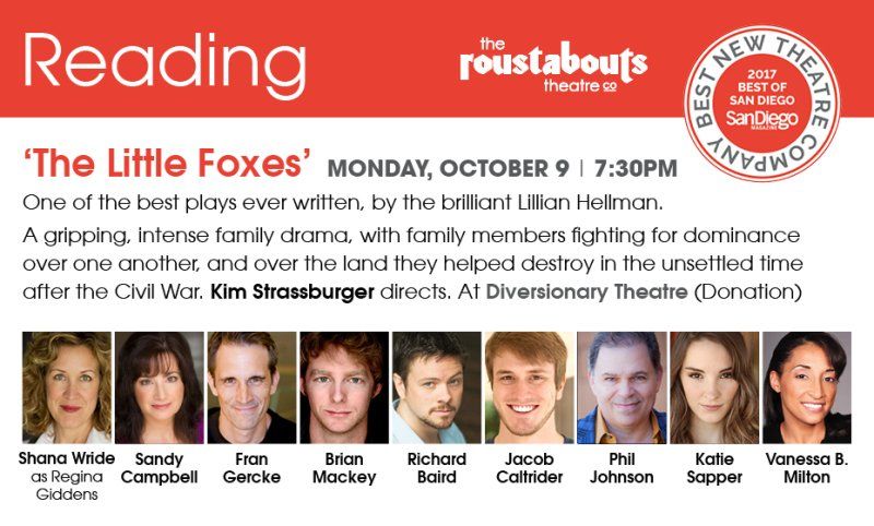 Postcard featuring pictures of actors and info for The Little Foxes reading.