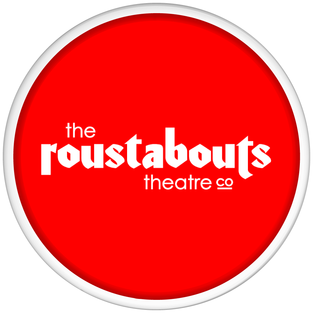 A red circle with the The Roustabouts Theatre Co on it.