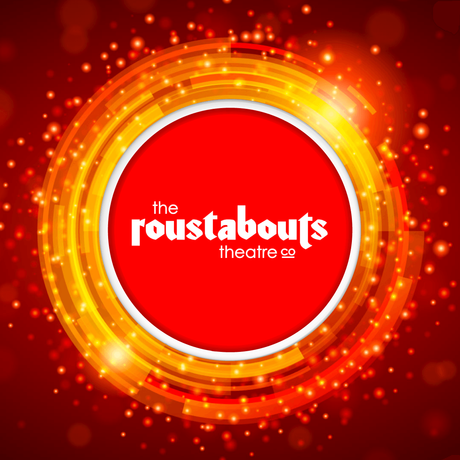 A red circle with The Roustabouts Theatre Co. logo on it