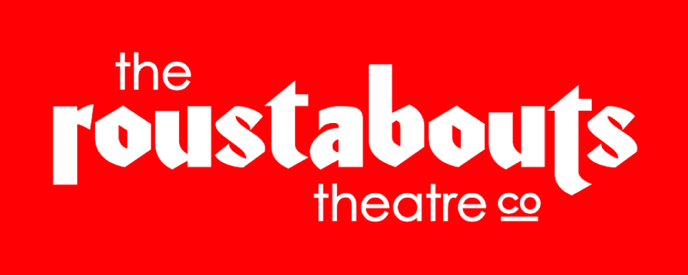The Roustabouts Theatre Co logo in white on red background