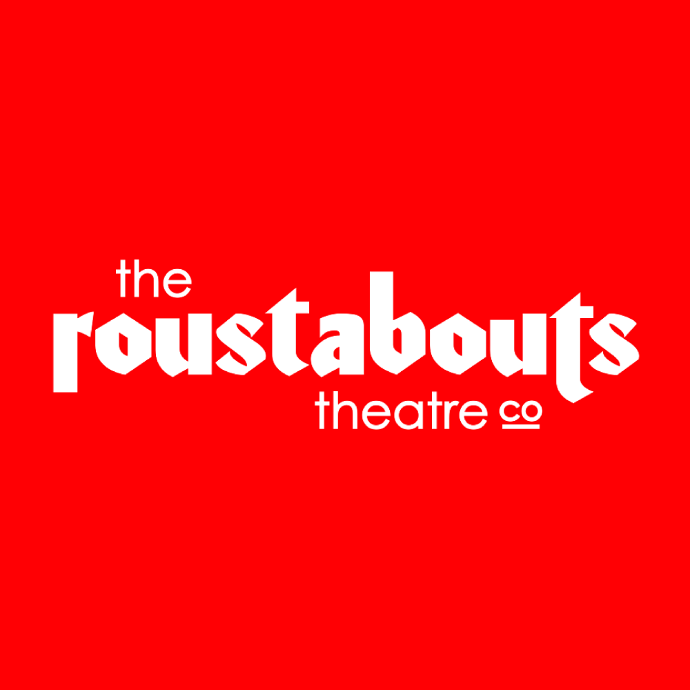 The Roustabouts Theatre Co logo in white on red background