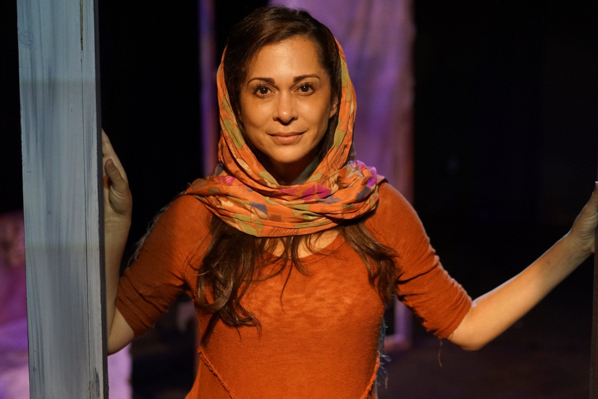 Production photo by Daren Scott of actor Jessica John as Young Mahshid in No Way Back.