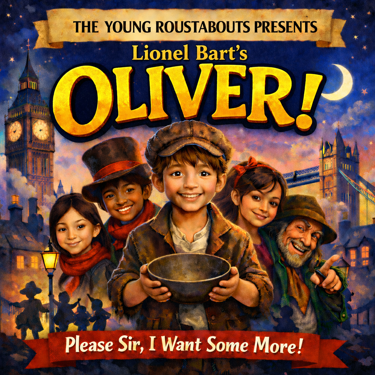 Poster for Oliver musical, with smiling children, Big Ben, and the London skyline.