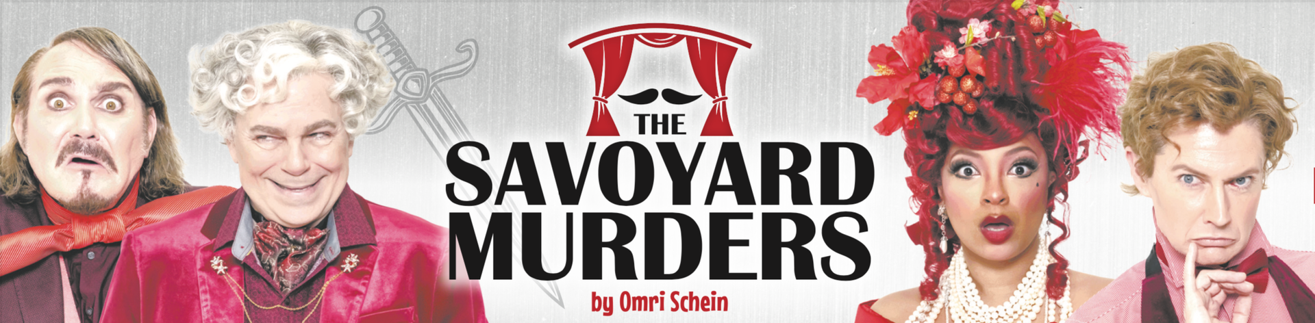 Title treatment for The Savoyard Murders with 4 actors in period costumes