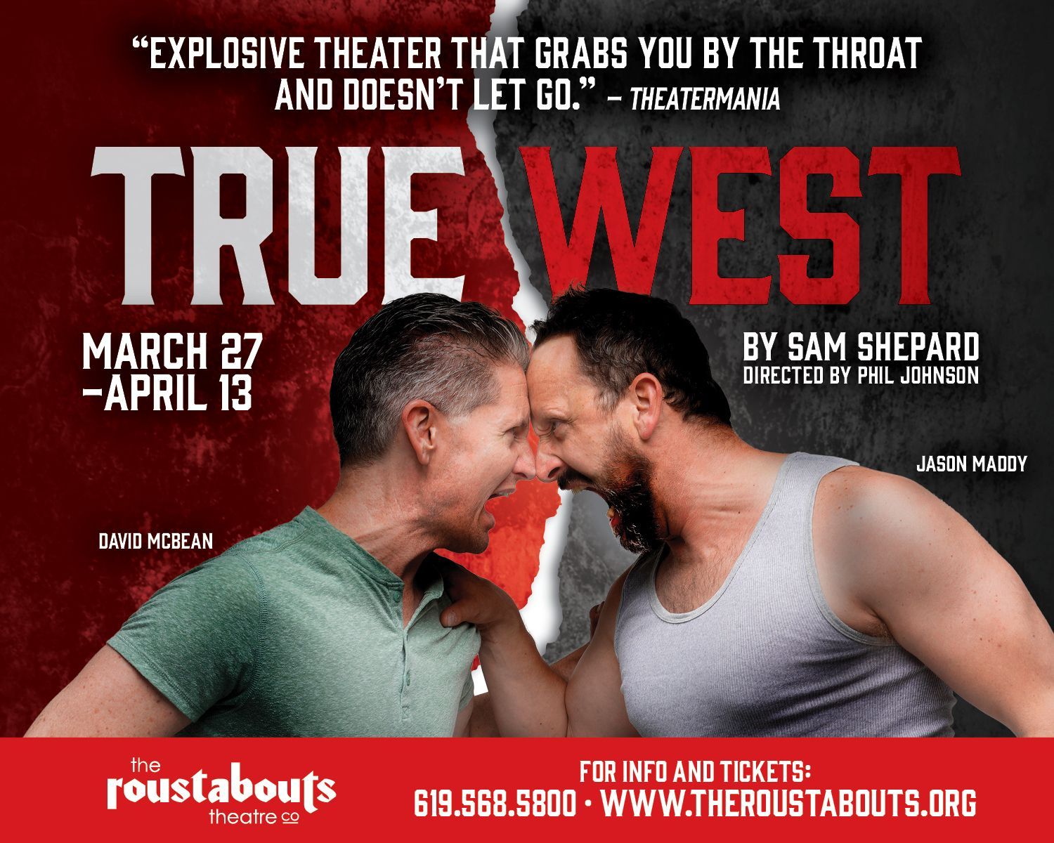A poster for true west shows two men with angry looks facing each other