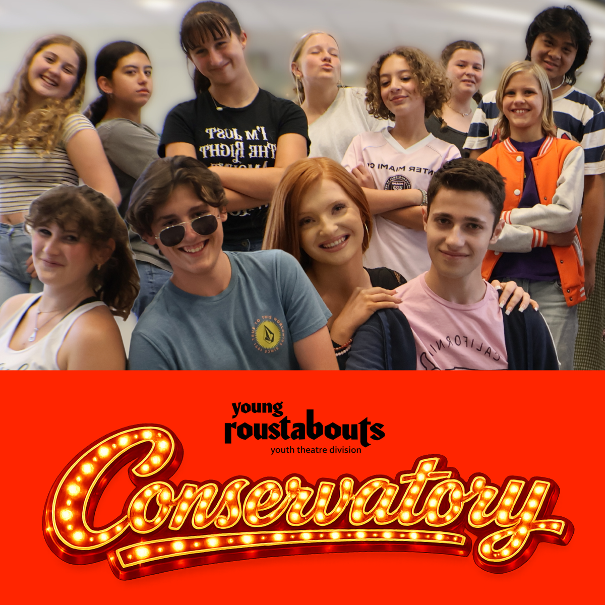 Group of teens posing, smiling in front above a red background with the word  Conservatory in marquee lights.