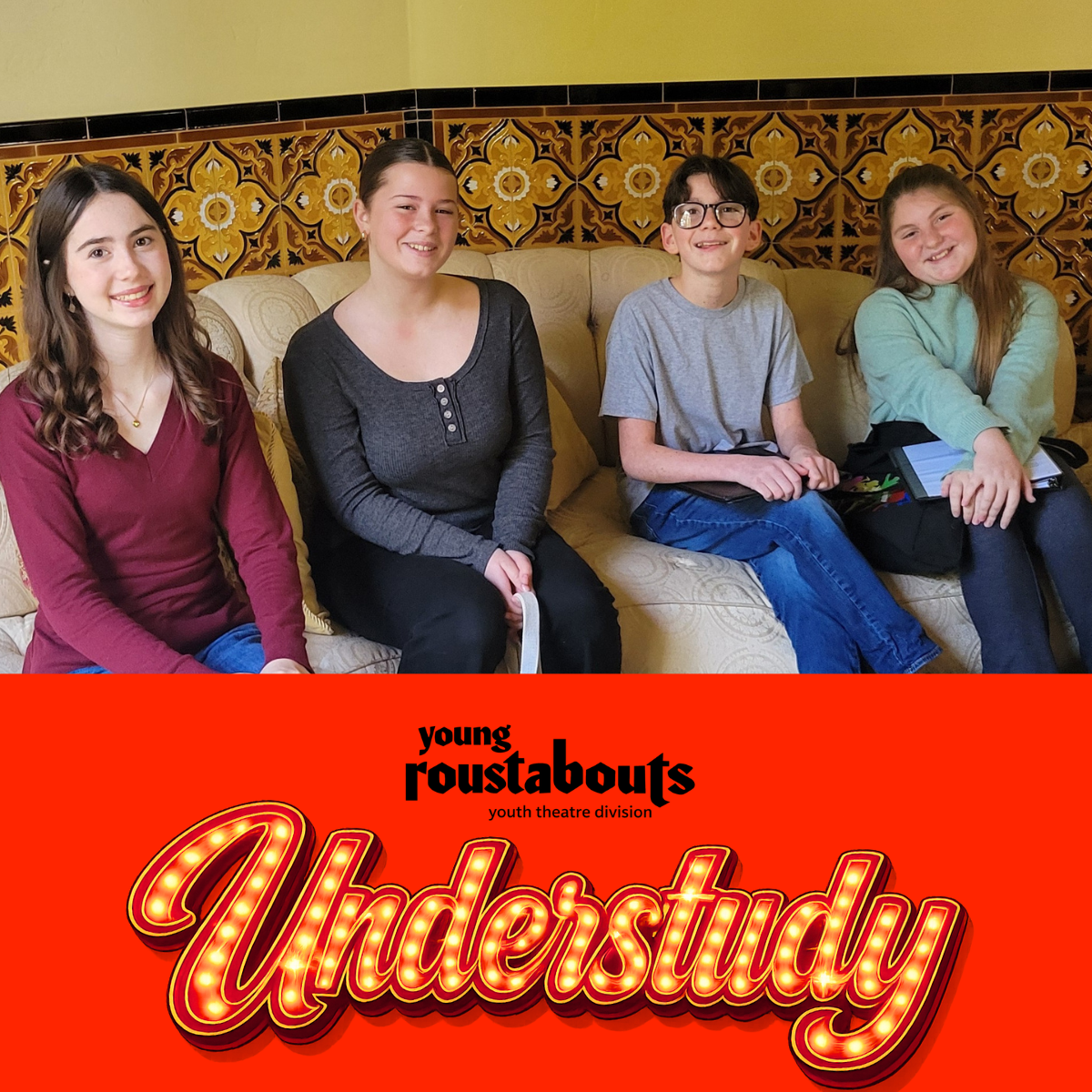 Four young people seated, smiling above a red background with the word Understudy in marquee lights