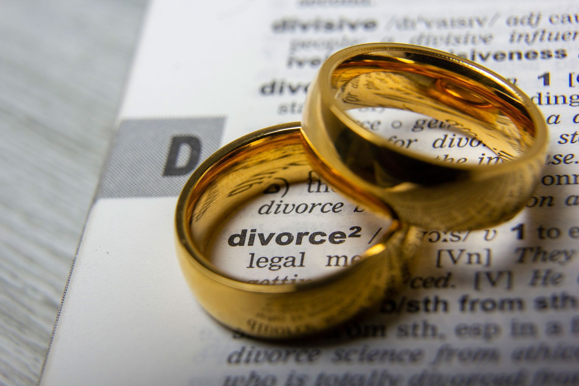 Divorce concept. Law and Justice background. Judge gavel on with two golden wedding rings