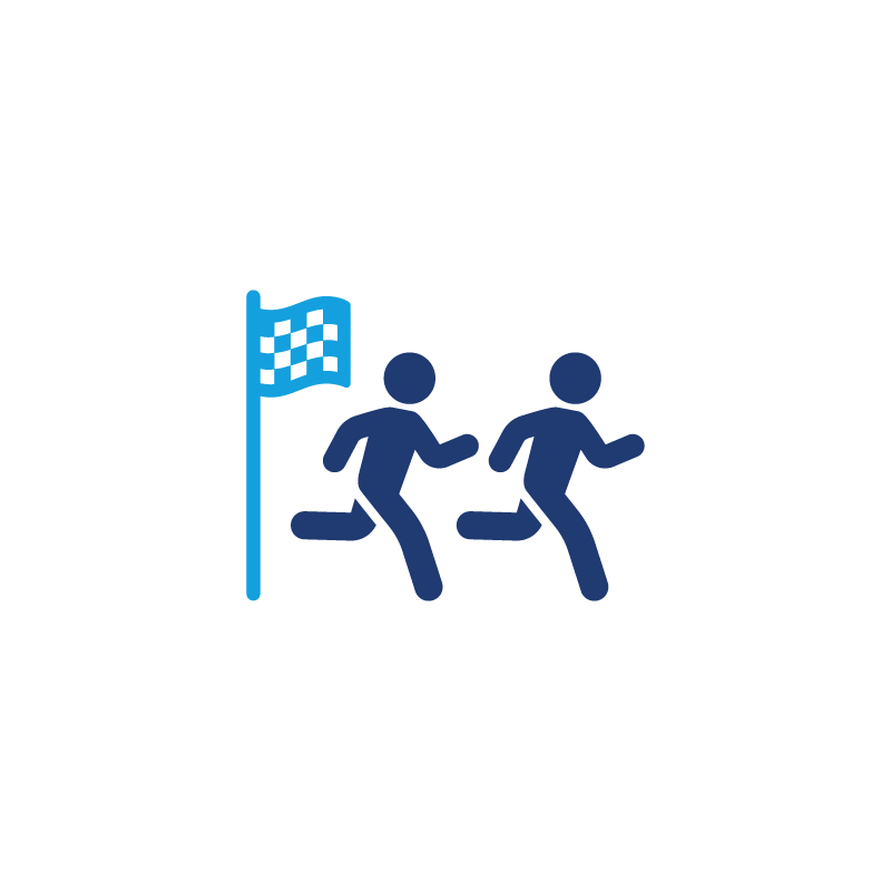 Two stick figures running toward a checkered flag. Blue and white color scheme.