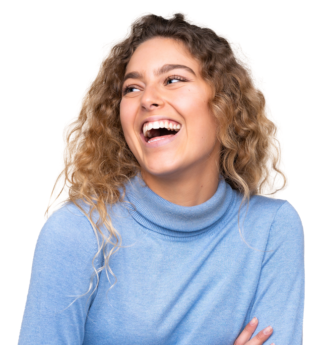 A woman with Invisalign on her teeth is laughing.