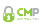 A logo for cmp client money protect with a padlock