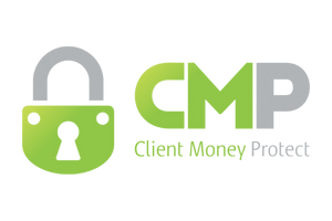 A logo for cmp client money protect with a padlock