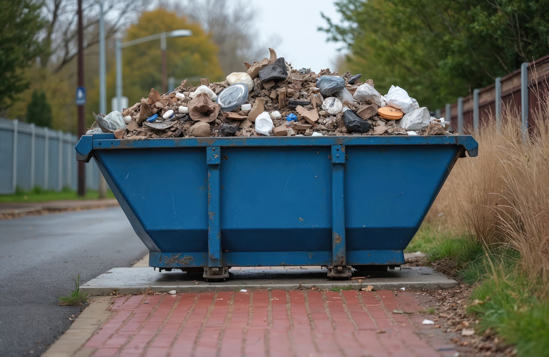 A blue bin filled with debris from a residential dumpster rental service on a suburban street.