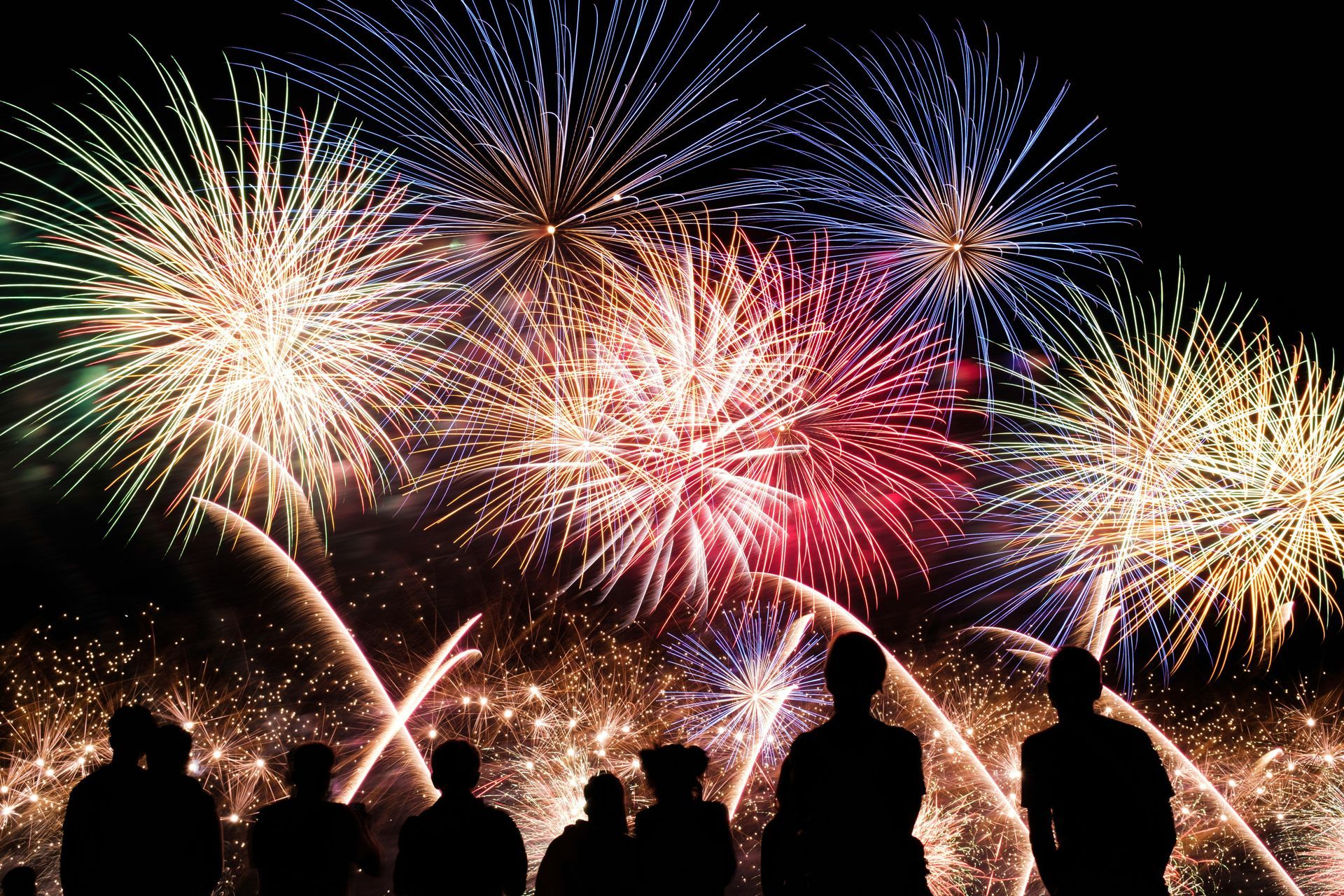 A group of people are standing in front of a fireworks display.