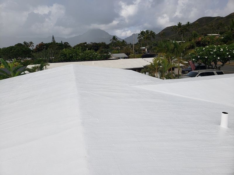 A white roof with mountains in the background.