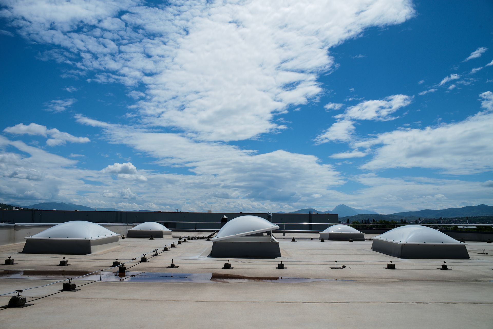 A roof with a lot of skylights on it.