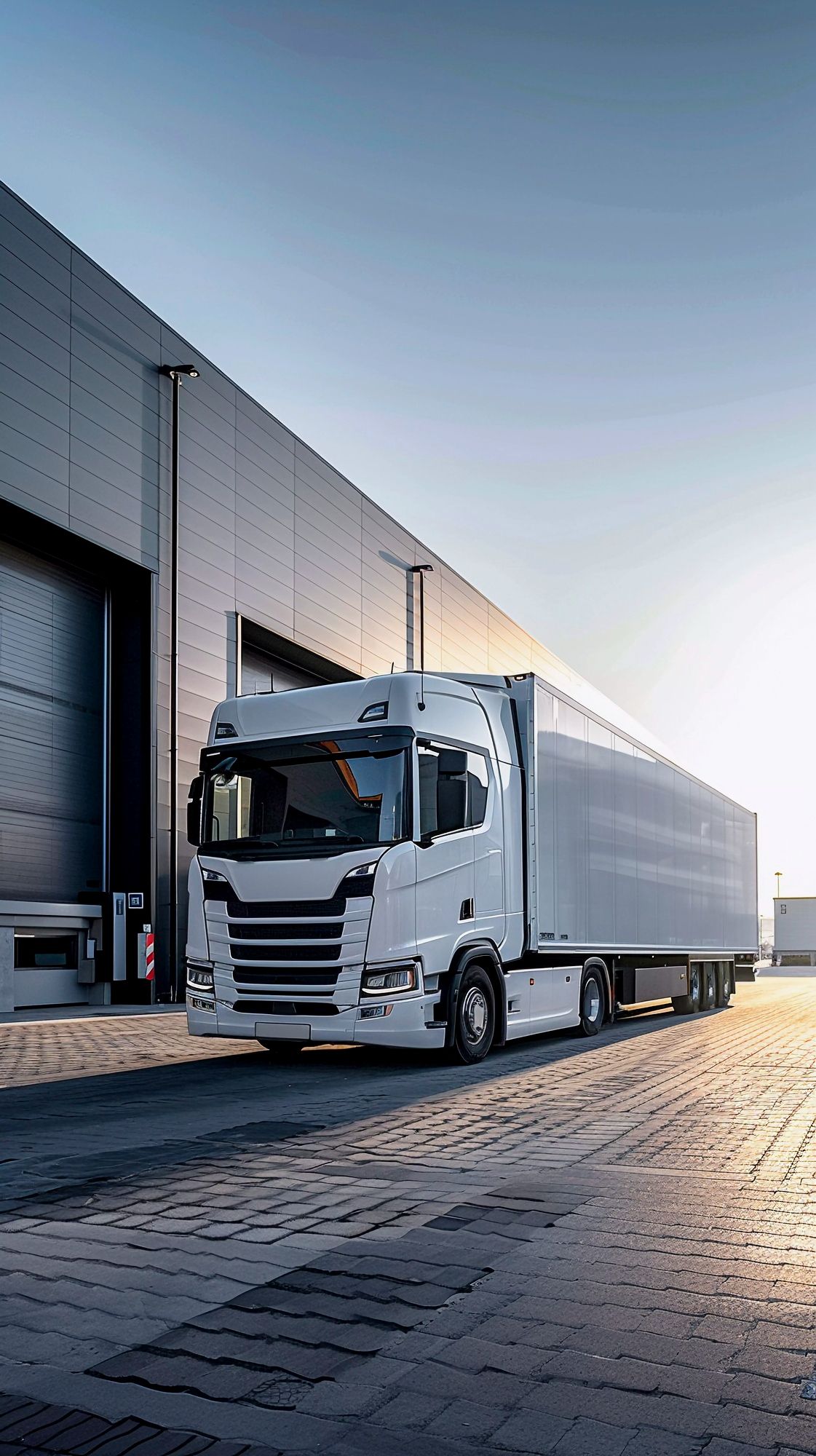 A white semi truck is parked in front of a building.