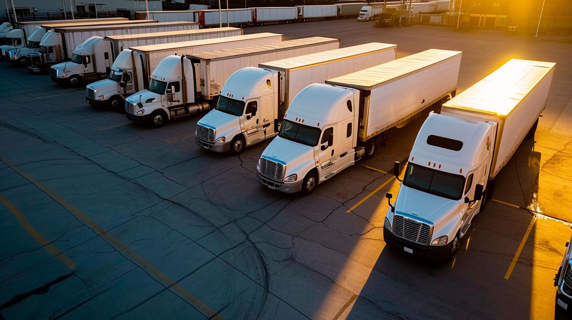 A row of semi trucks are parked in a parking lot.