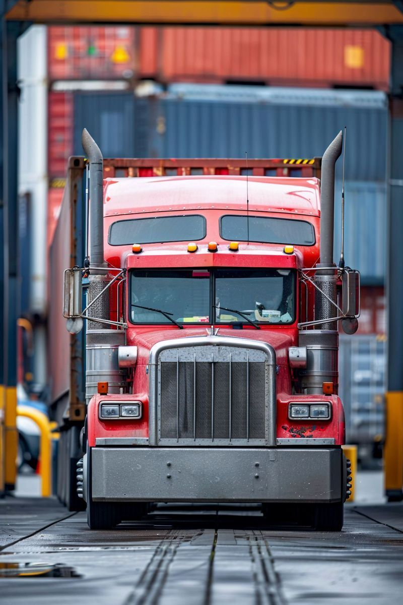 A red semi truck is driving through a loading dock.
