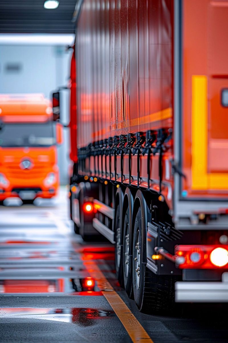 Two red trucks are parked next to each other in a parking lot.