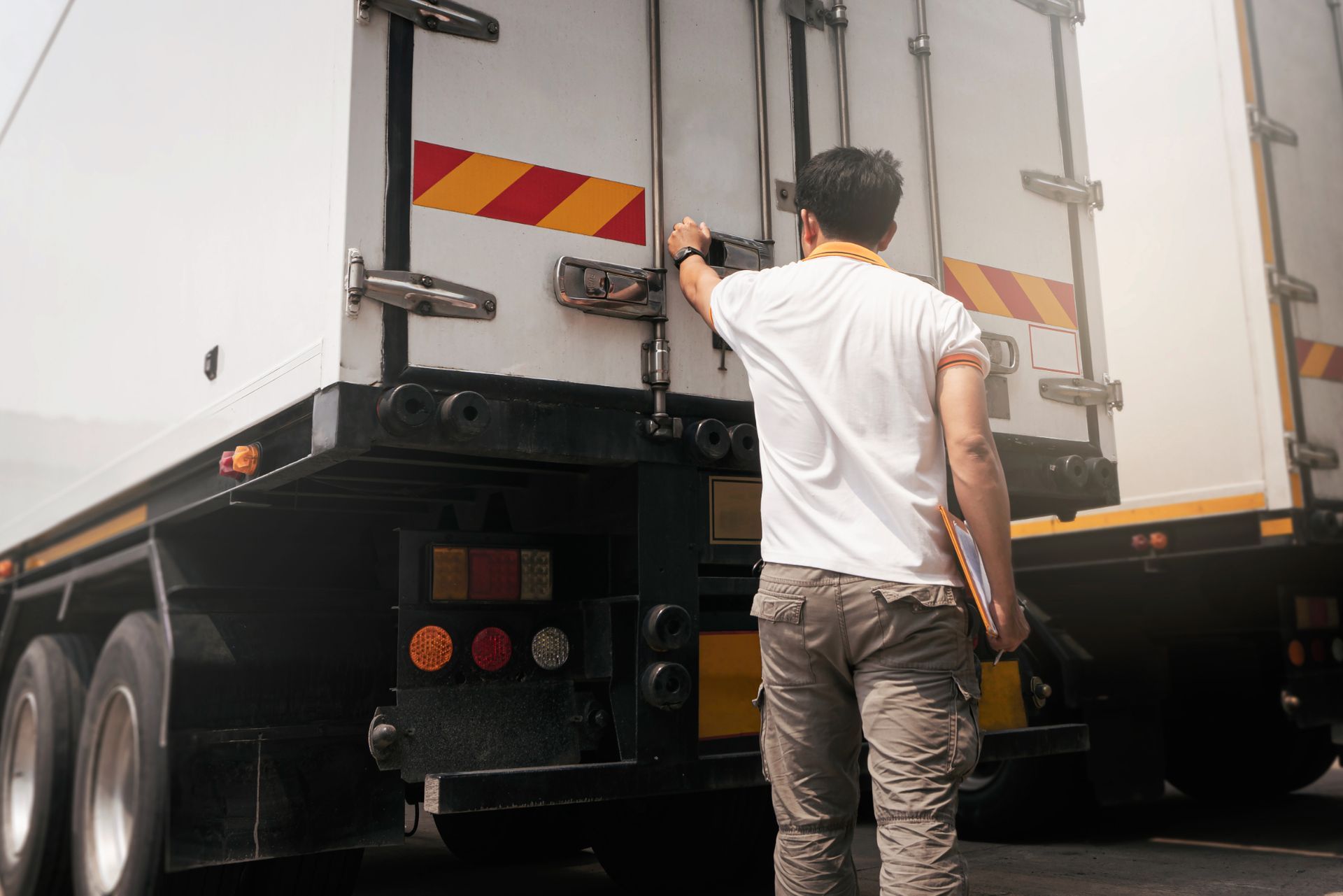 A man is standing next to a semi truck in a parking lot.