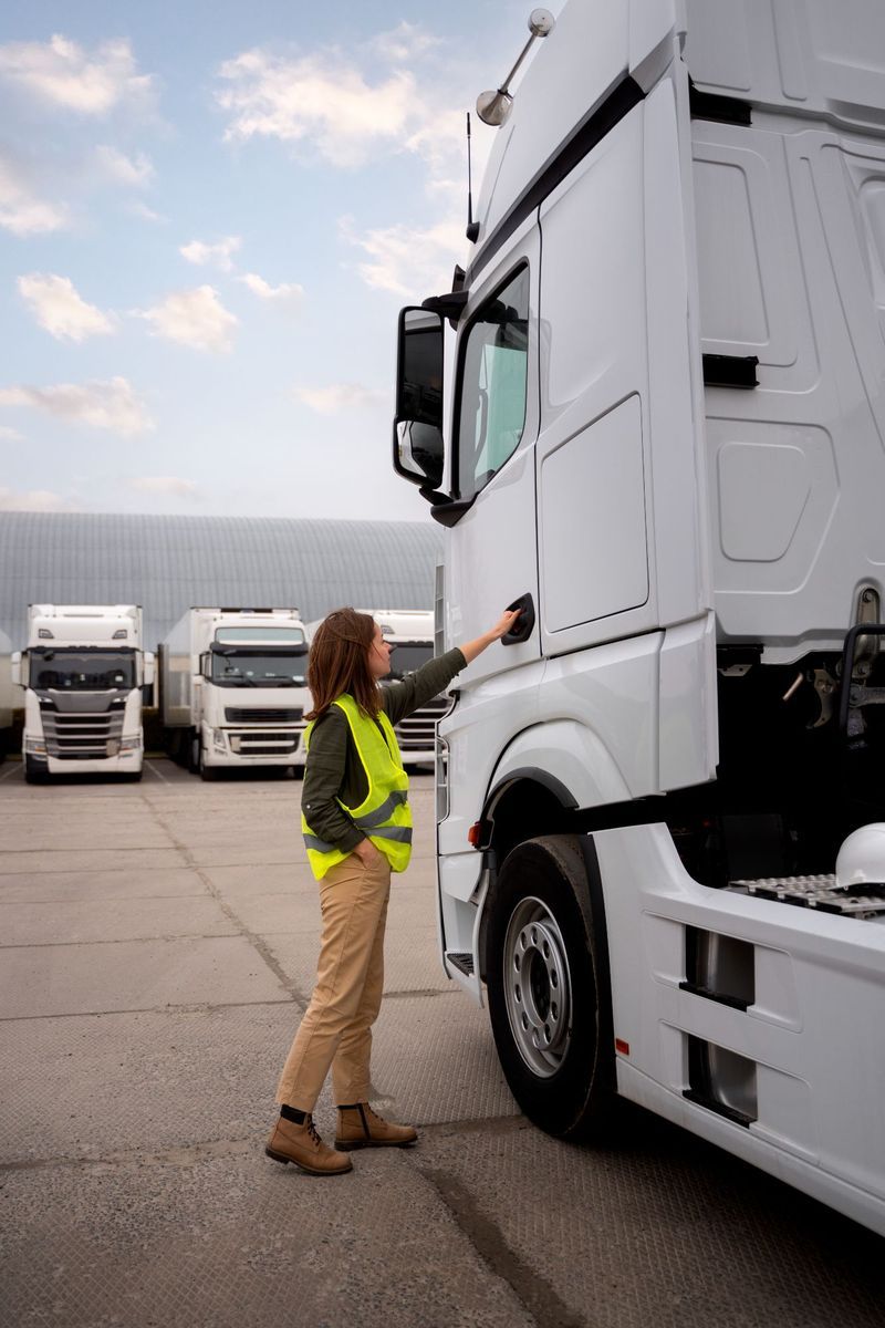 A woman is standing next to a white semi truck in a parking lot.