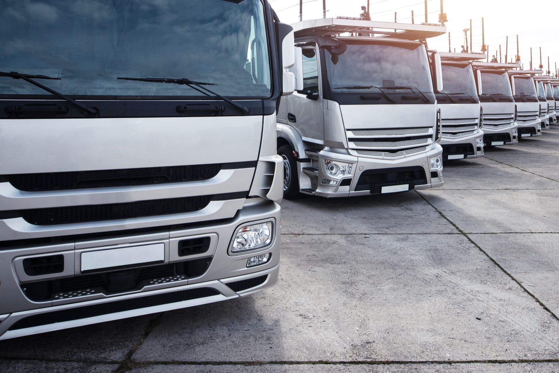 A row of trucks are parked in a parking lot.
