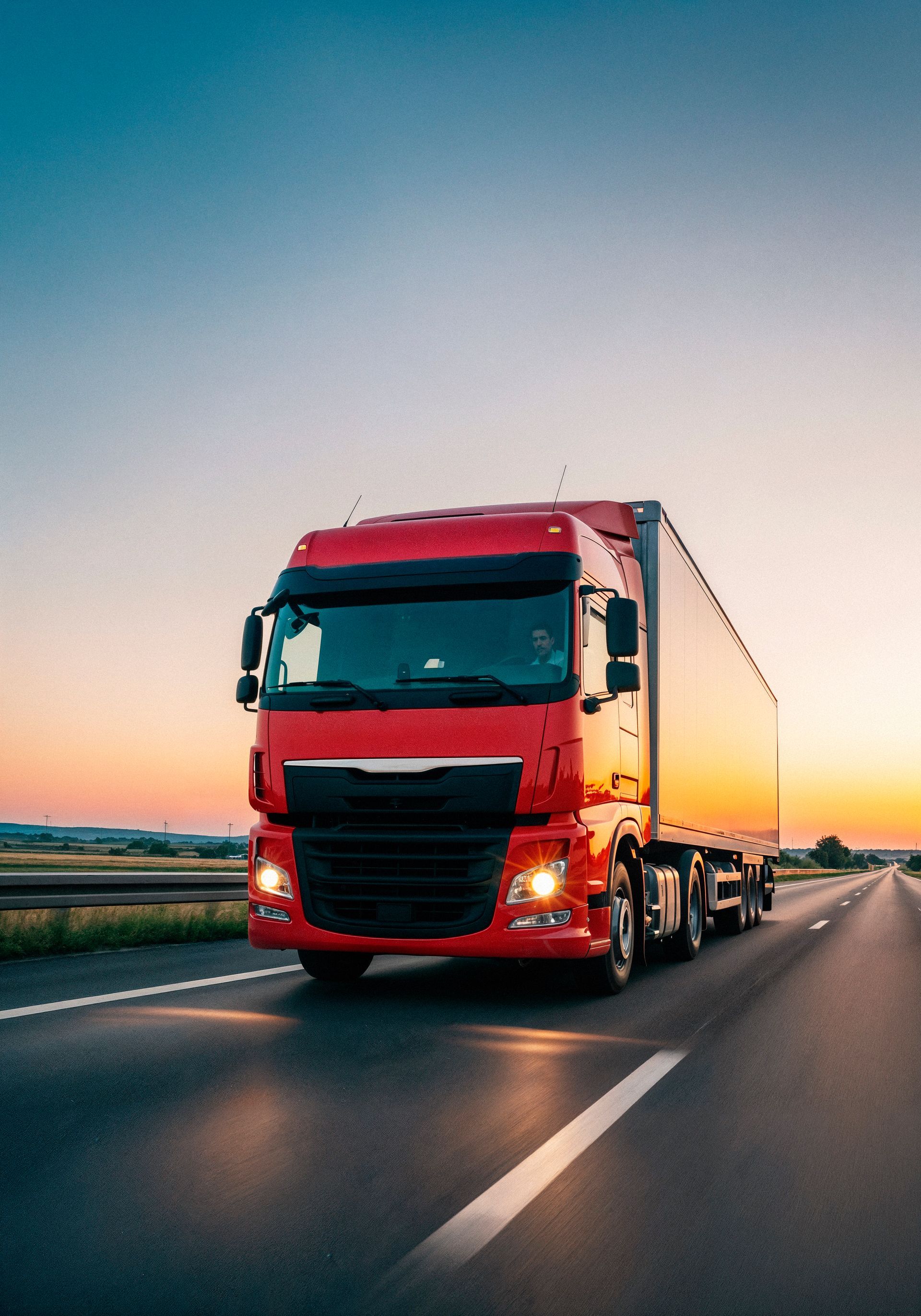 Blue semi-truck and trailers parked on concrete under a partly cloudy sky.