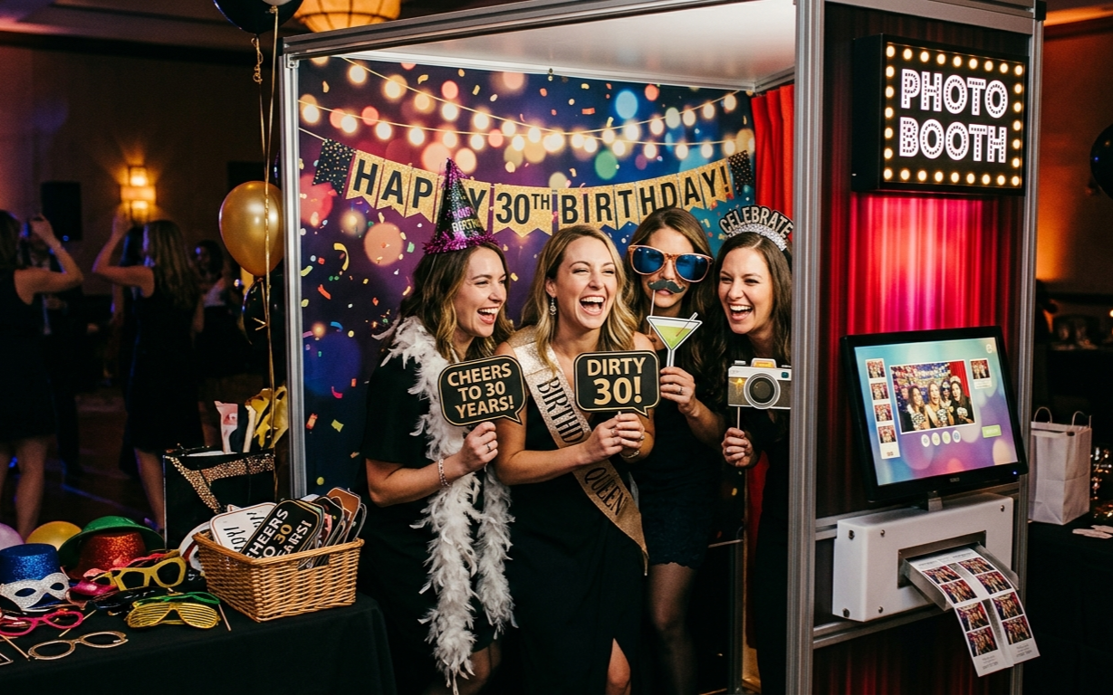 Four friends smiling inside a photo booth at a 30th birthday party, holding props and wearing a celebratory sash.