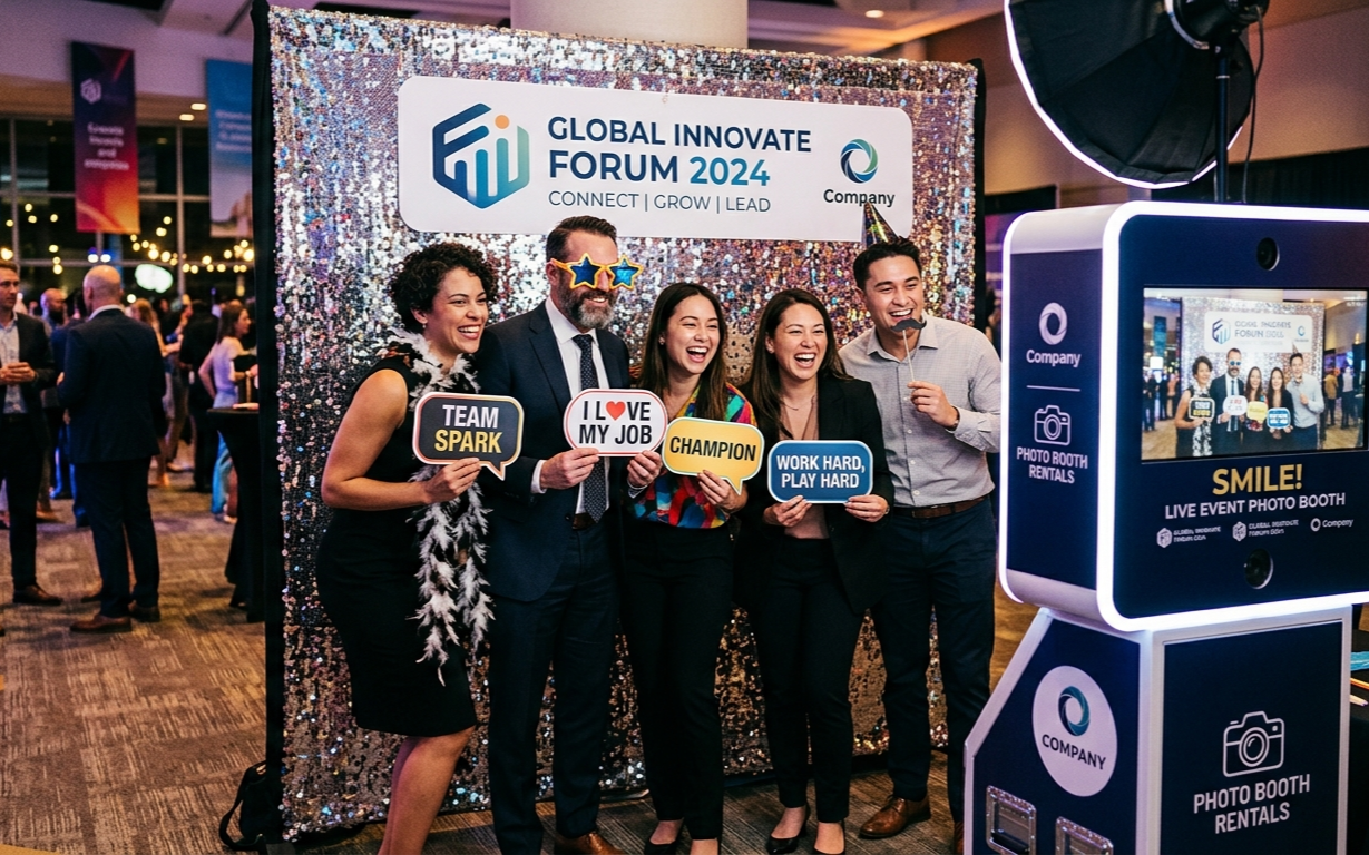 Five people pose in front of a sparkling silver backdrop for the Global Innovate Forum 2024 at a photo booth station.
