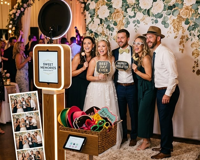 A group of people poses with props by a photobooth at a wedding reception decorated with a floral wall.