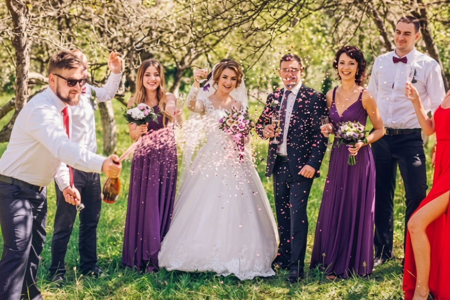 A wedding party in an outdoor garden, with the couple and guests celebrating as confetti is thrown.