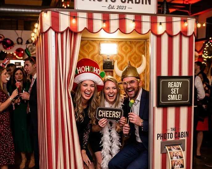 Three people wearing festive props pose inside a red-and-white striped photo booth, laughing and holding 