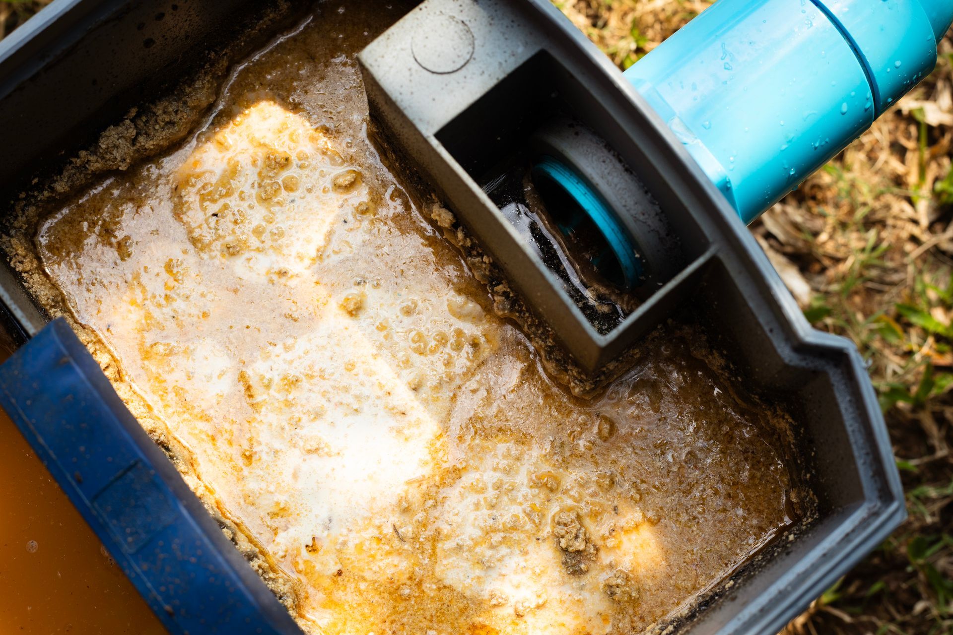 A close up of a dirty drain with a blue pipe coming out of it.
