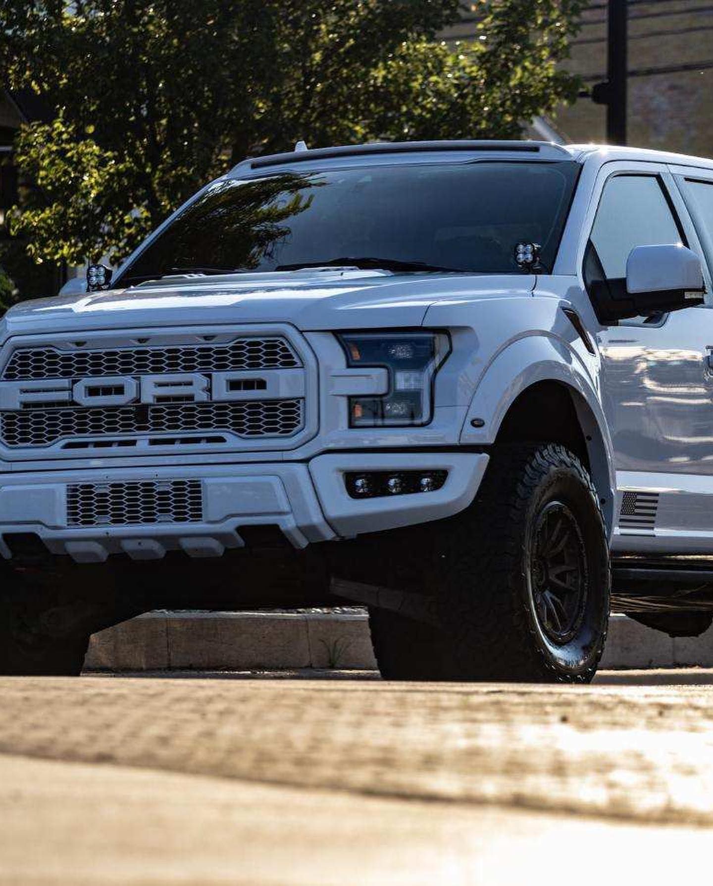 A white Ford F-150 Raptor pickup truck parked on a sunlit paved surface.