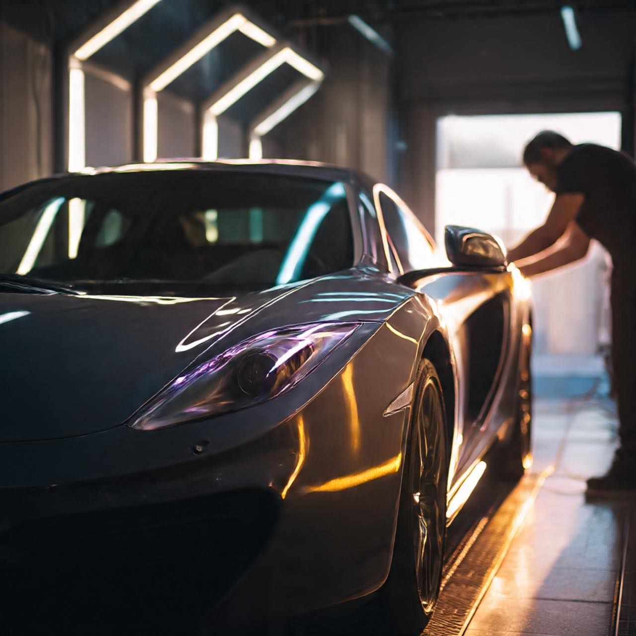 A person detailing a sleek, dark grey sports car in a modern, well-lit garage with angular overhead lights.