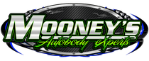 Logo for Mooney’s Autobody Experts featuring stylized white text on a black, metallic-textured oval background.