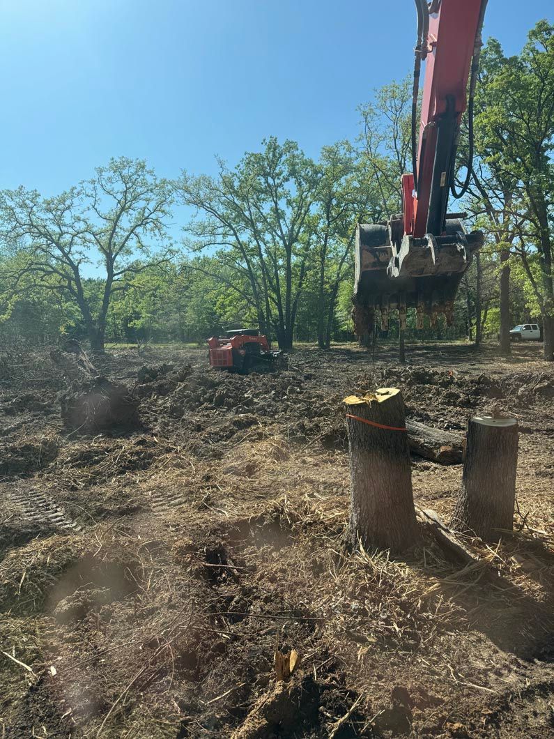 A red excavator is cutting down a tree in a field.
