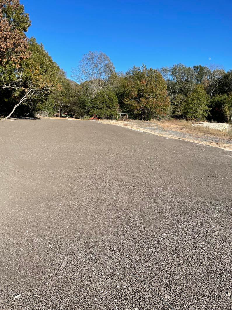A road with trees on the side of it and a blue sky in the background.