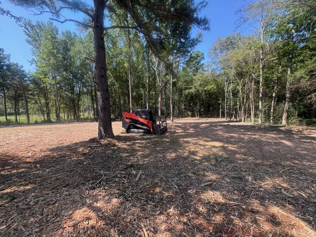 A small orange construction vehicle in a wooded area with ground covered in wood chips.