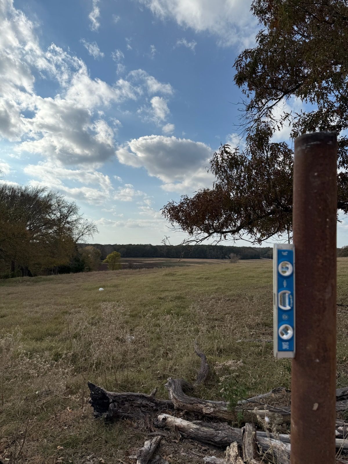 Level on a rusty metal post in a grassy field, under a cloudy blue sky.