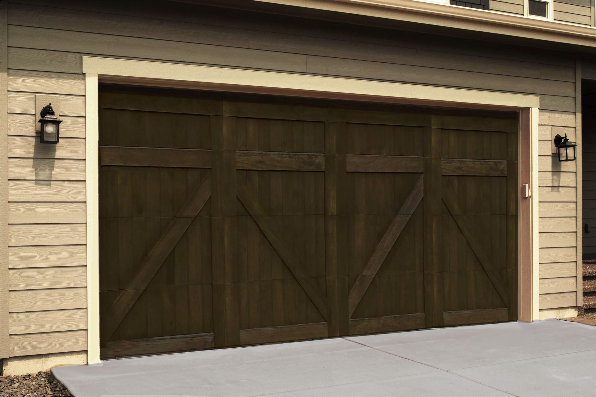 a wooden garage door is sitting in front of a house .