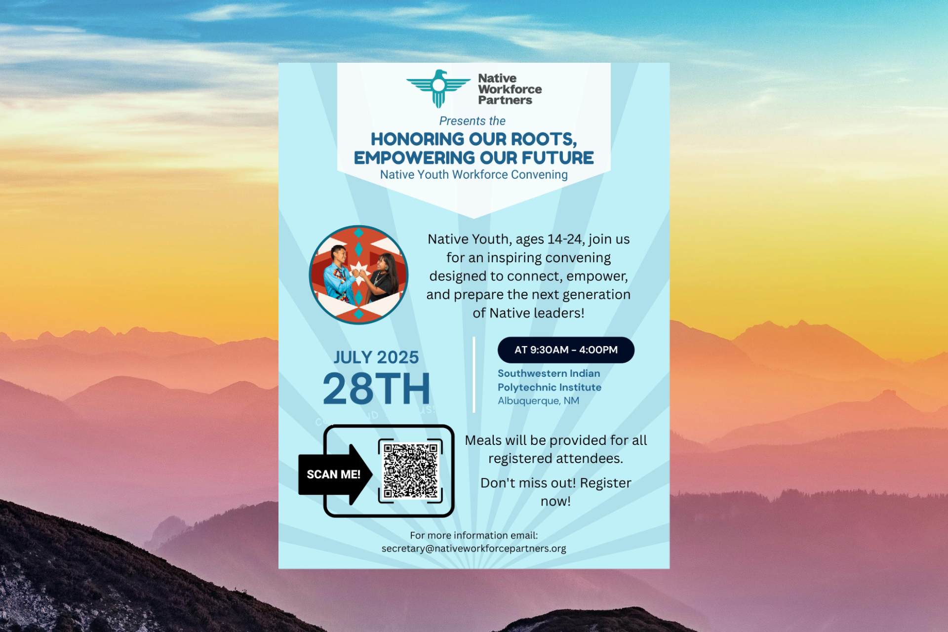 A poster with a mountain in the background and a qr code on it.