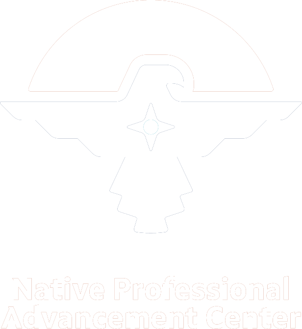 A white logo with a native american symbol on a white background.