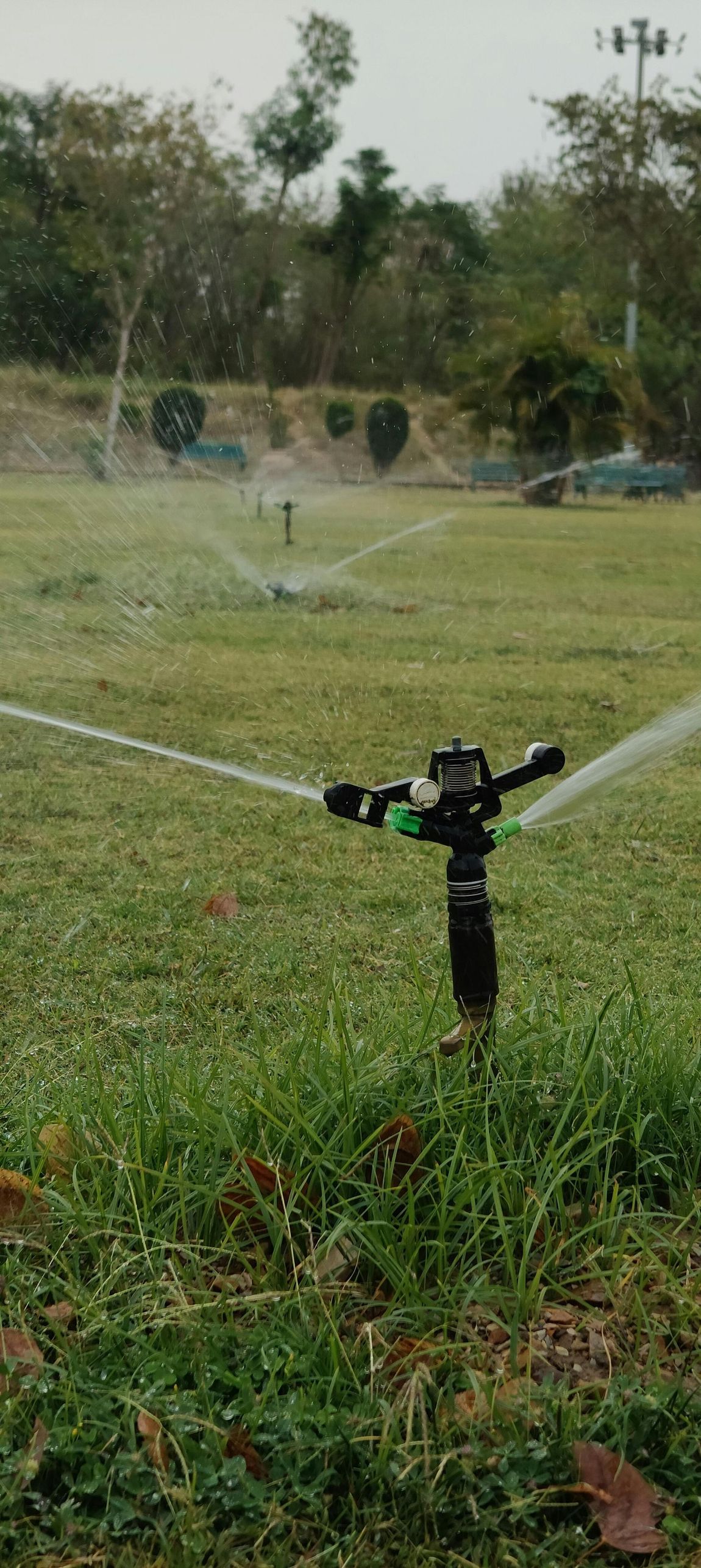 Lawn sprinkler spraying water in front of a tan building under a clear sky