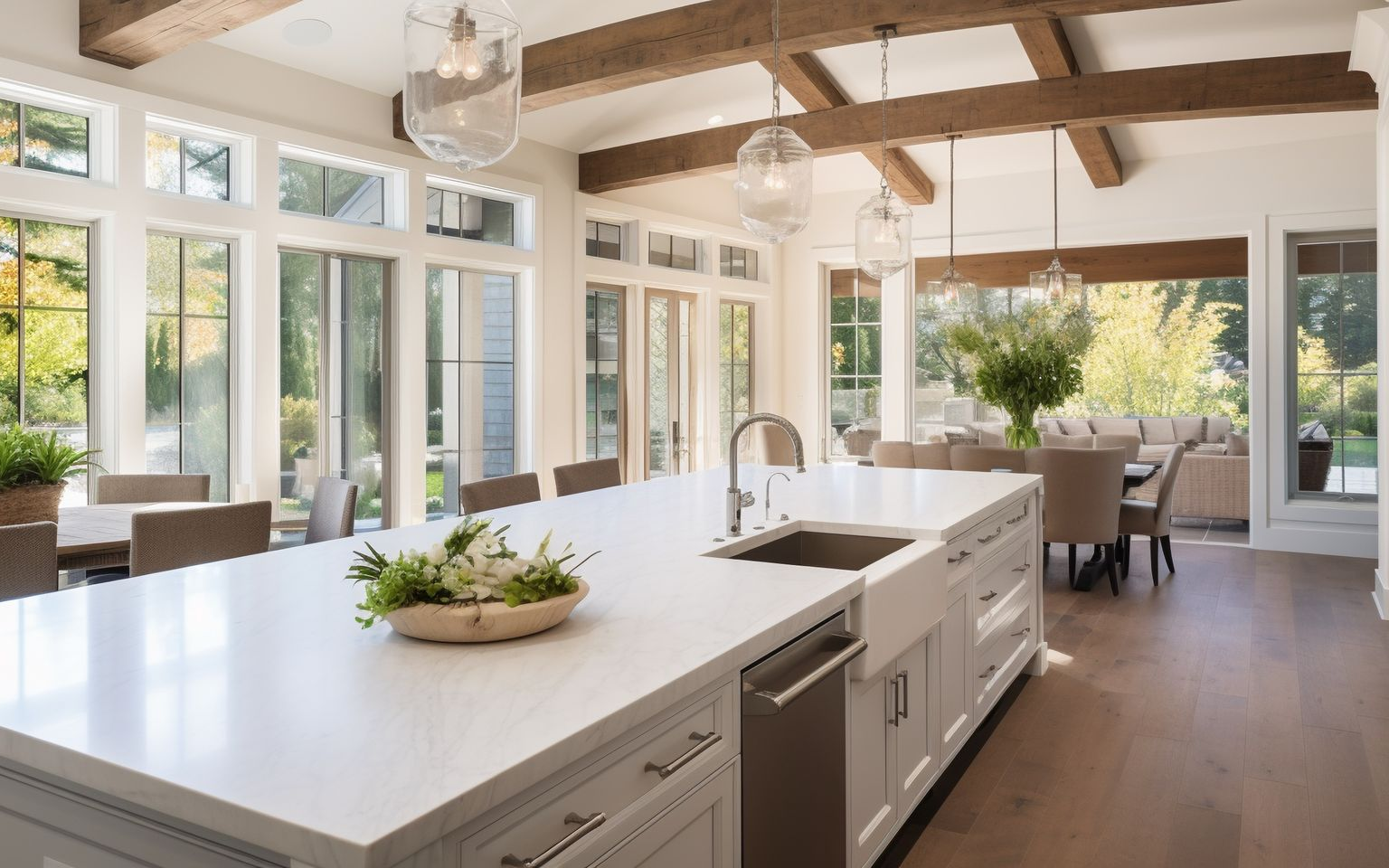 Bright kitchen with white countertop island, wood beams, and large windows overlooking the outdoors.